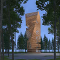 Modern Wooden Spiral Tower Surrounded by Tall Trees in Forest Setting