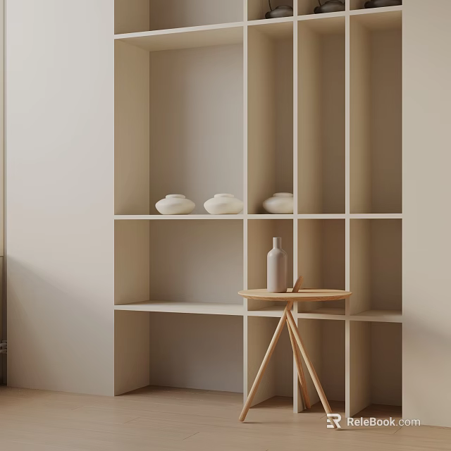 Minimalist Wooden Side Table In Interior With Shelf Unit And White Objects 3d model