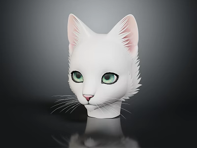 White Cat Face Mask with Pink Inner Ears Green Eyes White Whiskers on Dark Background 3d model