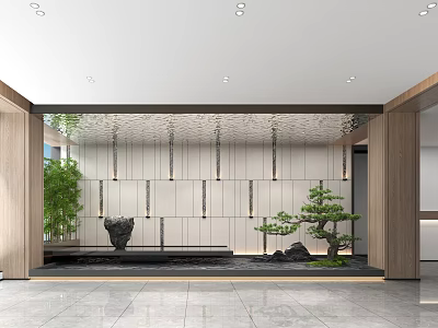 Elegant Modern Reception Design With Water Feature Stone Wall And Pine Tree 3d model