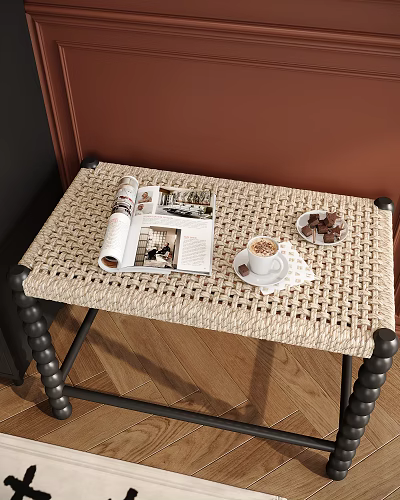 Woven Wicker Table With Magazines Coffee Cup And Cookies On Wooden Floor 3d model