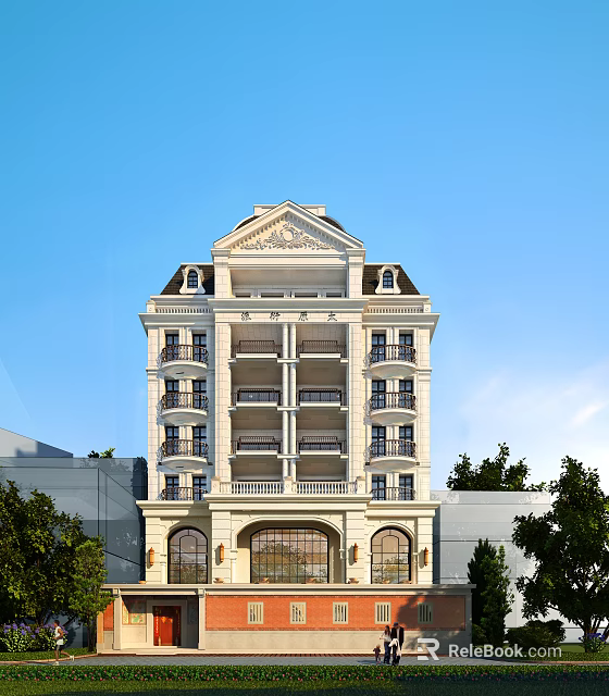 White Multi Story Detached Villa With Multiple Balconies Ornate Roof Front Trees And Blue Sky 3d model 