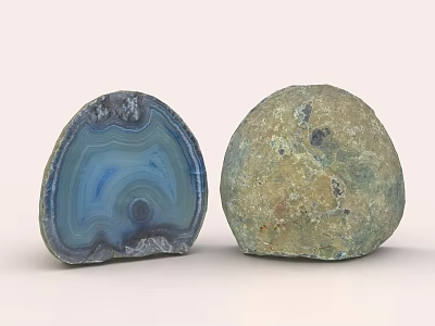 Natural Stone and Wood Decor Featuring Blue Layered Agate and Unpolished Round Rock 3d model