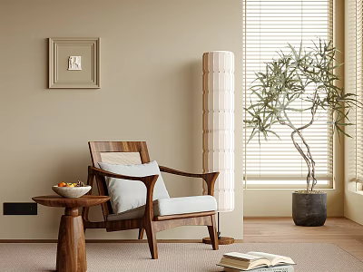 Comfortable Wooden Leisure Chair With Light Cushion Side Table Green Plant And Beige Wall 3d model