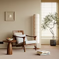 Comfortable Wooden Leisure Chair With Light Cushion Side Table Green Plant And Beige Wall
