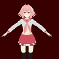 Woman with pink hair white top red skirt black stockings gray shoes dark red background
