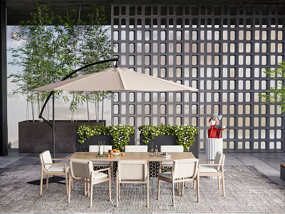 Outdoor Chairs Set With Table And Umbrella In Patio Garden With Greenery And Lattice Wall 3d model