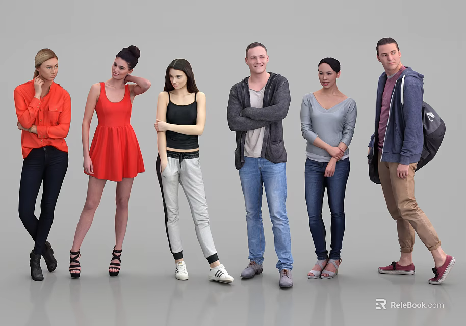 Group of Diverse People Standing in Various Poses With Different Outfits on Neutral Background 3d model 