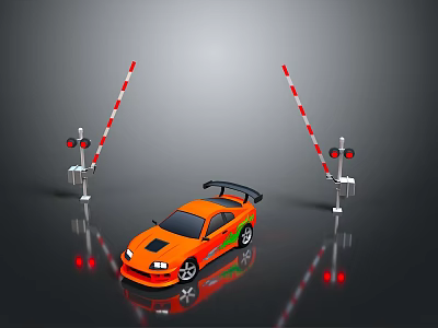 Orange Sports Car Parked Between Two Red And White Striped Barriers With Red Traffic Lights 3d model