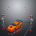 Orange Sports Car Parked Between Two Red And White Striped Barriers With Red Traffic Lights