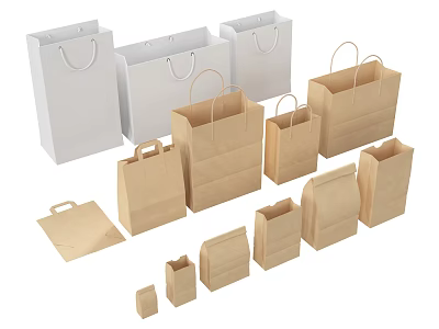 Various Kraft And White Paper Bags With Handles In Different Sizes 3d model