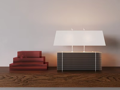 Modern Table Lamp With White Lampshade And Striped Base On Wooden Tabletop 3d model