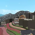 Beautiful Scenic Landscape Of Purple Flower Terraced Fields With Green Mountains And Traditional Houses