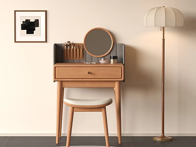 Wooden Dressing Table with Round Mirror and Drawer Matching Stool Decorative Painting and Floor Lamp 3d model