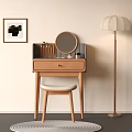 Wooden Dressing Table with Round Mirror and Drawer Matching Stool Decorative Painting and Floor Lamp