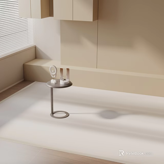 Minimalist Interior With Round Side Table Topped With Mirror And Bottles Beige Walls White Floor 3d model 