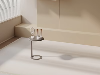 Minimalist Interior With Round Side Table Topped With Mirror And Bottles Beige Walls White Floor 3d model