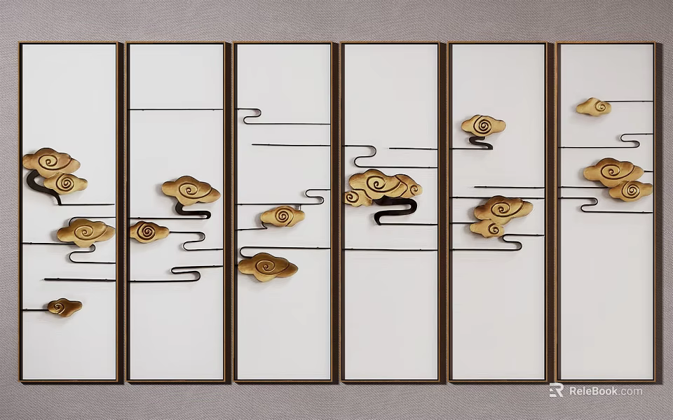 Elegant Modern Multi panel Wall Art With Golden Cloud Patterns 3d model