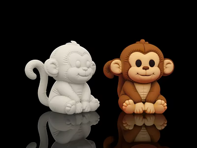 Two Sitting Inflatable Monkeys White And Brown With Smiling Face Tail And Reflections 3d model