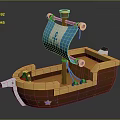 Cartoon Scene Wooden Ship With Blue White Sail Anchor Teddy Bear Purple Star And Cannons