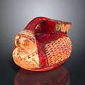 Ancient Ceramic Sculpture Red And Beige With Handle And Geometric Intricate Carved Designs On Surface