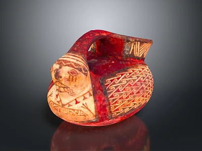 Ancient Ceramic Sculpture Red And Beige With Handle And Geometric Intricate Carved Designs On Surface 3d model