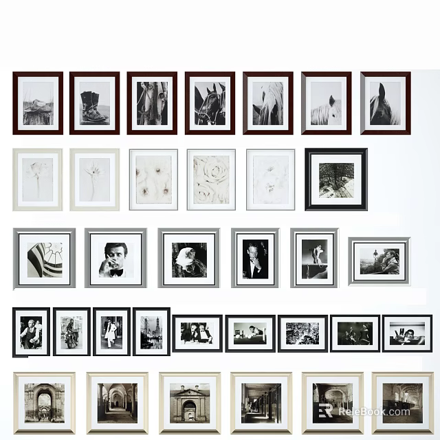 Gallery Wall Display With Various Framed Black And White Photos Arranged Neatly 3d model 