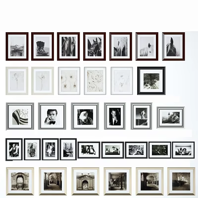 Gallery Wall Display With Various Framed Black And White Photos Arranged Neatly 3d model
