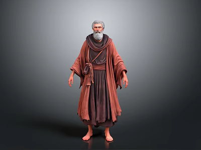 Gray Haired Bearded Man in Red Robe Belted at Waist Standing Barefoot on Gray Background 3d model