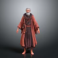 Gray Haired Bearded Man in Red Robe Belted at Waist Standing Barefoot on Gray Background