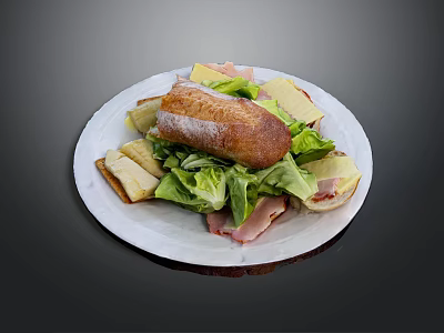 Crusty Bread Ham And Cheese Sandwich With Fresh Lettuce On White Plate 3d model