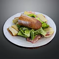 Crusty Bread Ham And Cheese Sandwich With Fresh Lettuce On White Plate