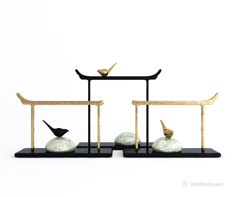 Elegant Black Gold Decorative Ornament Set With Bird Figurines And Green Stone Bases 3d model 