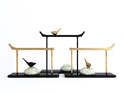 Elegant Black Gold Decorative Ornament Set With Bird Figurines And Green Stone Bases 3d model