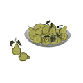 Fresh Green Pears With Leaves In Glass Bowl On White Background