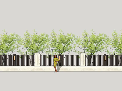 Modern Building Exterior Wall Design With White Columns Black Fence And Green Trees 3d model