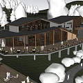 Scenic Wooden Cafe With Spacious Outdoor Terrace Lake View And Green Trees