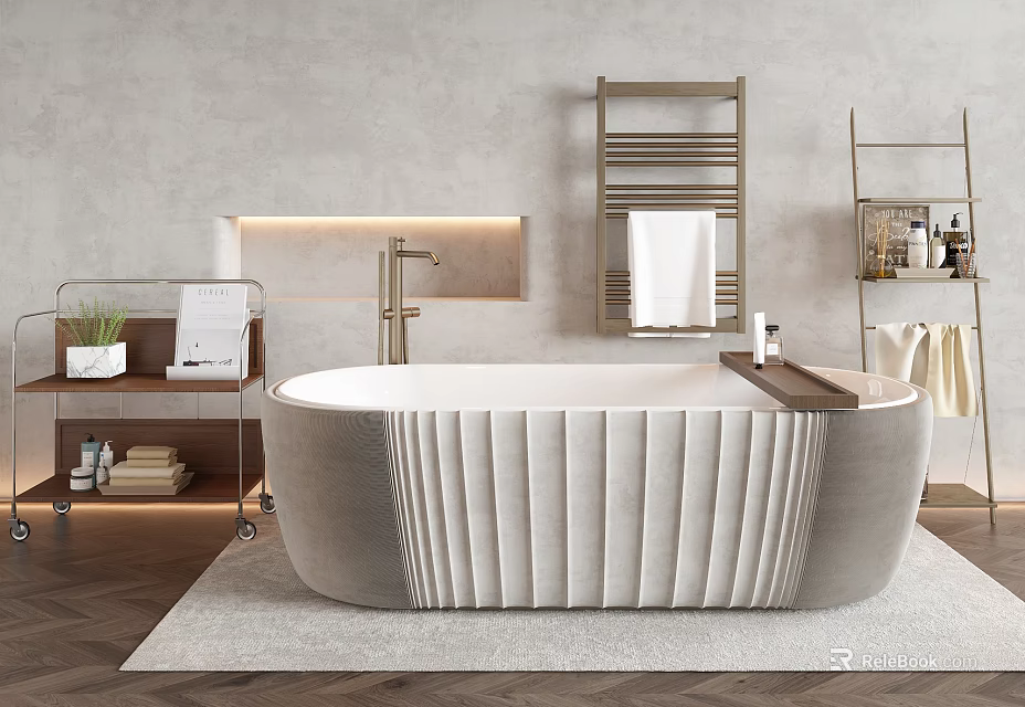 Elegant Modern Bathtub With Striped Surface In Beige White Bathroom With Towel Rack 3d model 