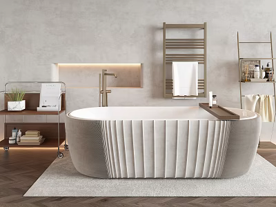 Elegant Modern Bathtub With Striped Surface In Beige White Bathroom With Towel Rack 3d model