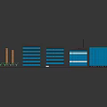 Cartoon Scene With Blue Multi Story Buildings Gray Roofs Orange Towers And Green Plants
