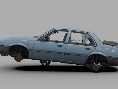 Old Blue Sedan Car With Missing Wheels And Worn Body Condition 3d model
