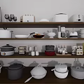 Dinnerware Set with Various Kitchen Items on Wooden Shelves and Appliances