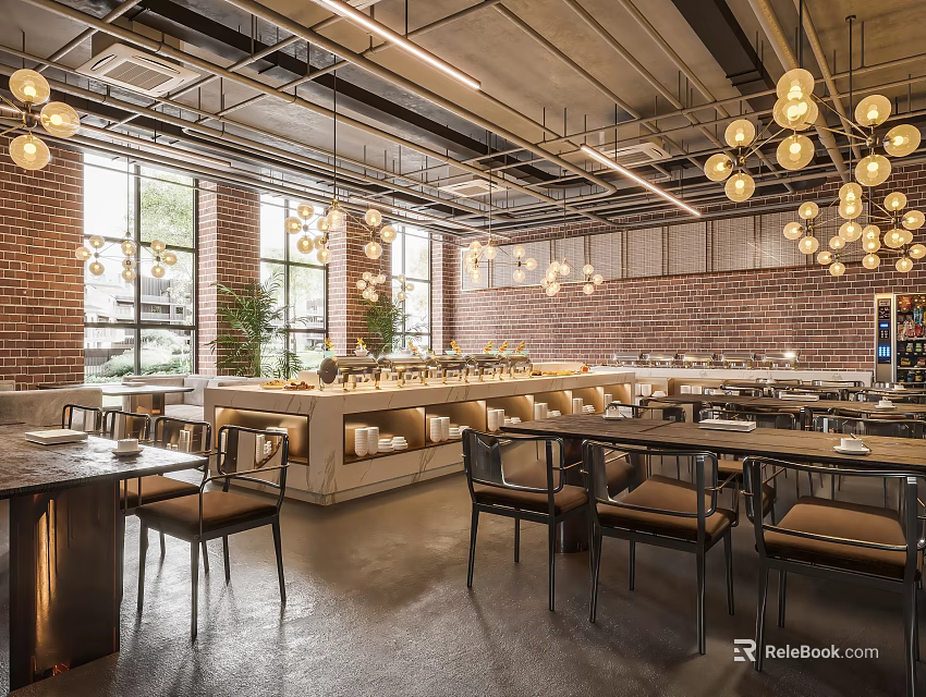 Modern Restaurant Interior With Exposed Brick Walls Hanging Pendant Lights Wooden Tables And Leather Chairs 3d model 