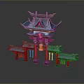 Traditional Chinese Scenery With Blue Tiled Roof Red Pillars And Decorative Bells