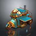 Daily Household Lifestyle Items In Vintage Mobile Tricycle With Blue Roof Wooden Structure