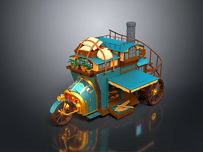 Daily Household Lifestyle Items In Vintage Mobile Tricycle With Blue Roof Wooden Structure 3d model