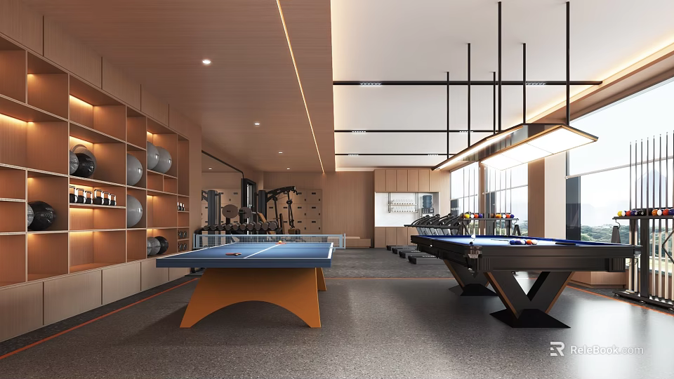 Modern Fitness Center Interior With Table Tennis And Billiard Tables 3d model 