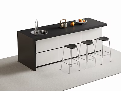 Modern Kitchen Bar Counter With Black Top White Cabinets Sink And Bar Stools 3d model