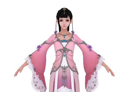 Traditional Female Character In Pink Robe With Elegant Creature Ornament Details 3d model