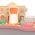 Kids Playground With Playhouse Slide Colorful Balls Green Decorations And Safety Fence